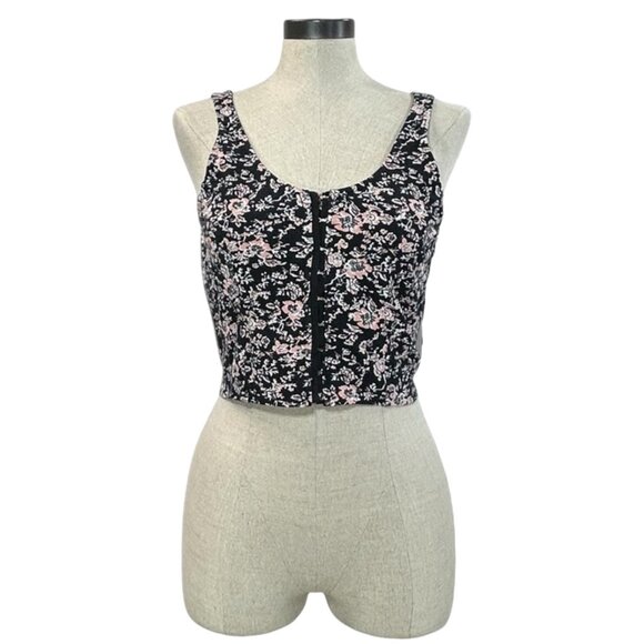 VOLCOM What A Looker Crop Tank Top Sz L Corset Style Tank Eyelet Floral Printed - Picture 1 of 10